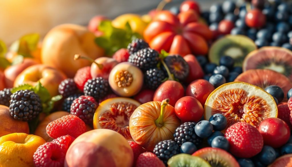 A bountiful still life of vibrant summer fruits, bathed in warm, golden light. In the foreground, a lush arrangement of juicy peaches, plump raspberries, and glossy blackberries. Mid-frame, a cluster of fragrant, sun-kissed figs and juicy, crimson-hued cherries. In the background, a scatter of vibrant blueberries and sliced kiwi, adding pops of color. The composition is captured with a sharp, high-resolution lens, creating a modern, collage-like aesthetic that celebrates the season's abundant, nutrient-dense harvest.