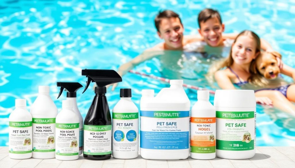A collage of pet-safe pool treatment products, arranged artistically against a backdrop of a pristine, azure swimming pool. In the foreground, an array of bottles and containers, each labeled with clear, informative details about their non-toxic, pet-friendly contents. The middle ground features a tranquil pool scene, with water shimmering under natural sunlight, and lush greenery surrounding the edges. In the background, a softly blurred scene of a happy family and their beloved canine companion enjoying a safe, worry-free swim. The overall mood is one of reassurance, emphasizing the importance of responsible pool maintenance and the well-being of our four-legged friends.