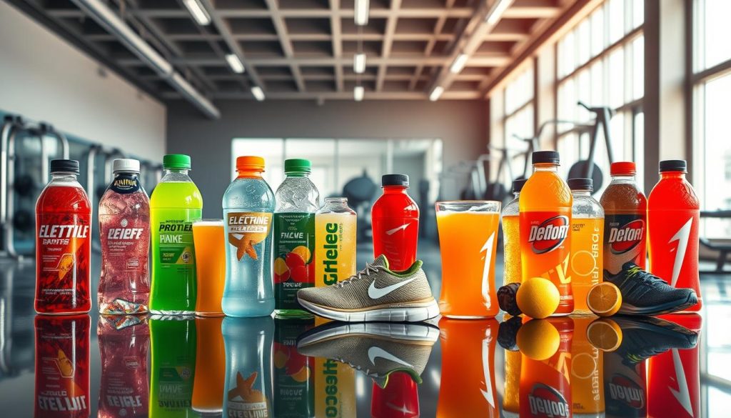 A collage of ultra-realistic electrolyte-infused sports drinks and athletic gear set against a background of a sleek, modern gym. In the foreground, a collection of brightly colored beverages - electrolyte-enhanced waters, protein-packed recovery drinks, and energy-boosting elixirs - arranged artfully on a polished, reflective surface. In the middle ground, high-performance running shoes, moisture-wicking workout apparel, and other athletic accessories are displayed with precision. The background features a crisp, clean gym interior with sleek steel equipment, floor-to-ceiling windows, and a minimalist aesthetic, bathed in warm, diffused lighting that creates a sense of energy and vitality. The overall composition conveys the power of functional hydration to support peak athletic performance.