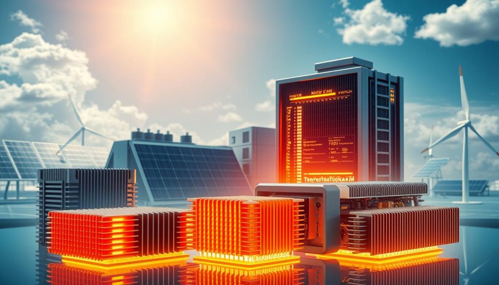 A futuristic collage showcasing cutting-edge heat management technologies. In the foreground, advanced heat sinks and radiators dissipate warmth from sleek, high-performance computing devices. In the middle ground, precision climate control systems regulate temperature and humidity, while in the background, renewable energy sources like solar panels and wind turbines power these innovative solutions. Lighting is crisp and directional, emphasizing the technical details and streamlined design. The overall atmosphere conveys a sense of efficiency, sustainability, and technological progress in addressing the challenges of heat resilience.