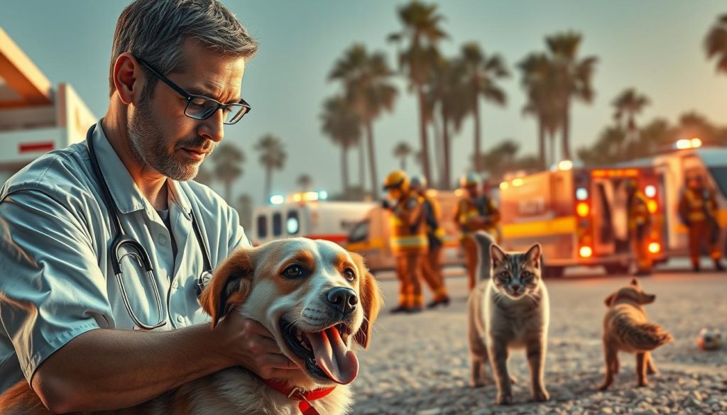 A highly detailed, ultra-realistic collage depicting emergency response procedures for overheated pets. In the foreground, a veterinarian tenderly administers cooling treatment to a panting dog, their expression focused and compassionate. In the middle ground, a team of first responders use specialized equipment to monitor the vital signs of a distressed cat, while in the background, an array of emergency vehicles and shelters stand ready to provide further assistance. The scene is illuminated by warm, natural lighting, conveying a sense of urgency and care. Angles are strategically chosen to showcase the scale and coordination of the emergency response, creating a visually striking and emotionally resonant image.