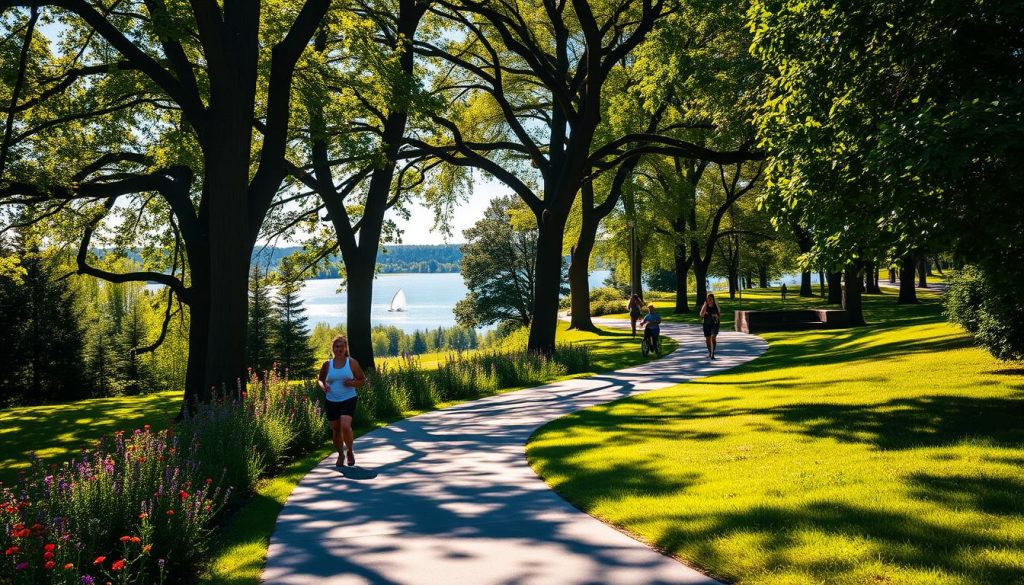 A lush, sun-dappled park path winding through verdant foliage, with towering trees casting long shadows across the walkway. Joggers and strollers enjoy the cool morning breeze, their steps cushioned by the soft, well-maintained pavement. Vibrant wildflowers dot the grassy verges, their petals gently swaying. In the distance, a sparkling lake reflects the azure sky, its tranquil surface interrupted by the occasional splash of a water bird. Warm, golden light filters through the leaves, creating a serene, inviting atmosphere. The scene exudes a sense of peaceful respite from the summer heat, highlighting the importance of carefully considering walking routes and schedules to ensure the comfort and safety of both humans and their furry companions.