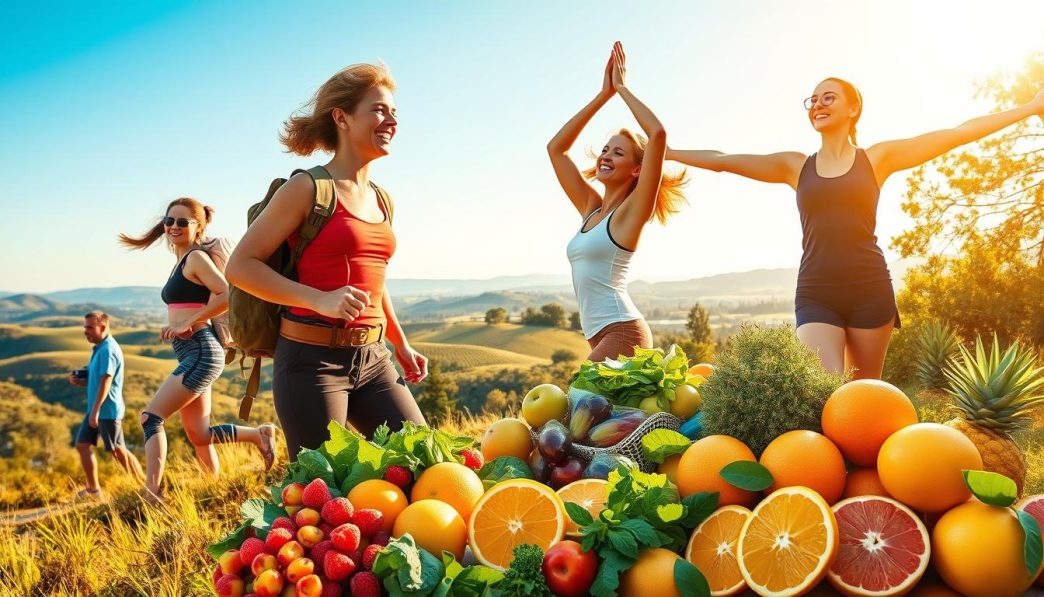 A realistic photo of people having an outdoor activities utilizing the longetivty benefits of summer.