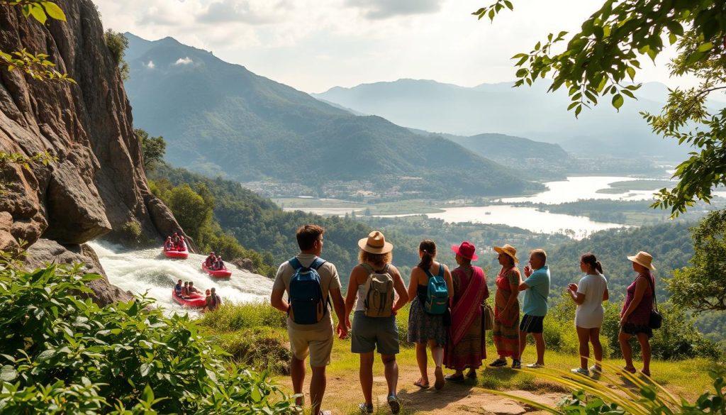 A serene outdoor setting, sun-dappled with lush greenery and breathtaking vistas. In the foreground, a group of adventurous travelers engage in thrilling activities - whitewater rafting down a rushing river, rock climbing a towering cliff face, and hiking through a verdant forest. In the middle ground, locals share their vibrant cultural traditions, from vibrant textiles to lively music and dance. The background features a picturesque landscape, with distant mountains, rolling hills, and a tranquil lake reflecting the sky. The lighting is soft and natural, creating a sense of warmth and wonder. The overall mood is one of rejuvenation, exploration, and cultural immersion - a perfect blend of adventure and relaxation.