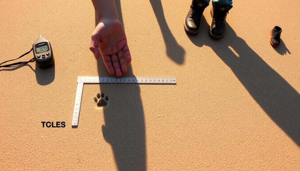 A sun-drenched concrete surface, smooth and evenly textured, occupies the foreground. On this surface, various objects are arranged in a deliberate, collage-like composition: a digital infrared thermometer, a ruler, and a dog's paw print delicately pressed into the pavement. The middle ground features a pair of human hands, palm down, gently touching the heated surface, with a focused expression on the face. In the background, a series of test objects, such as different types of shoes and paws, are placed on the pavement, casting subtle shadows. The lighting is natural, with warm, diffuse sunlight illuminating the scene, creating a sense of scientific investigation and experimentation. The overall mood is one of careful, methodical inquiry, conveying the importance of understanding the risks of hot pavement for both humans and their canine companions.