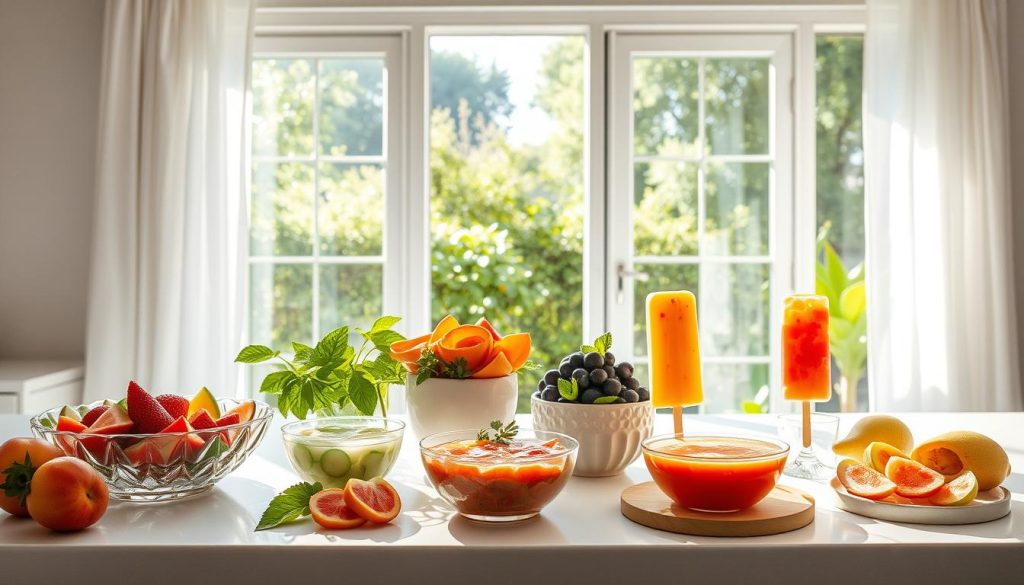 A sun-drenched kitchen counter, adorned with an array of cooling summer delights - chilled fruit salad, cucumber gazpacho, and refreshing fruit popsicles. Crisp, minimalist styling frames the scene, drawing the eye to the vibrant colors and textures. Soft natural lighting filters through sheer curtains, casting a gentle glow over the table's contents. In the background, a large, airy window overlooks a lush, verdant garden, hinting at the season's abundance. The overall mood is one of serene, effortless refreshment, perfectly capturing the essence of nutritional adjustments for extreme heat.