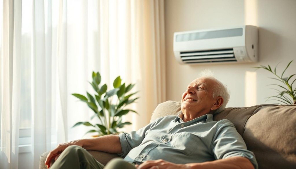A tranquil older adult relaxes in a well-appointed living room, finding respite from the summer heat. Soft lighting filters through sheer curtains, casting a warm glow on their content expression. Nearby, a sleek, energy-efficient air conditioning unit blows cool air, while a potted plant adds a touch of nature. The room's minimalist decor and muted tones evoke a sense of serenity, reflecting the individual's embrace of longevity through heat resilience. The camera captures this scene with a cinematic, collage-like perspective, showcasing the subject's comfort and adaptability in the face of rising temperatures.