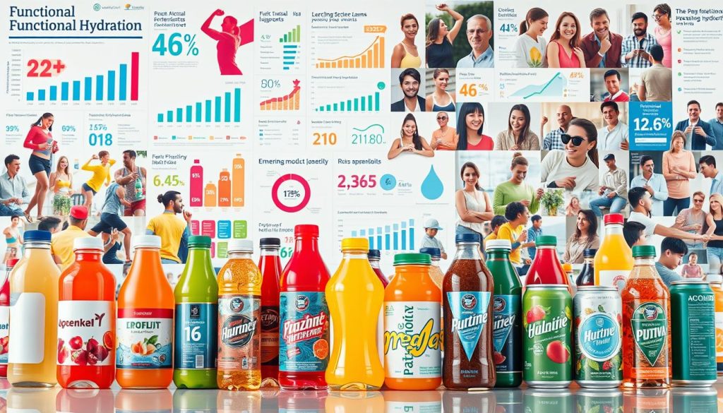 A vibrant collage depicting the dynamic functional hydration market trends. In the foreground, an array of sleek, color-coordinated beverage bottles and cans with bold, eye-catching labels. The middle ground showcases data visualizations, graphs, and infographics highlighting the industry's growth, consumer preferences, and emerging product categories. The background features a mosaic of diverse consumer demographics, from health-conscious millennials to active seniors, all engaged with functional hydration products. Soft, warm lighting casts an inviting glow, while a high-resolution, ultra-realistic photographic style ties the entire scene together, capturing the excitement and innovation driving the functional hydration revolution.