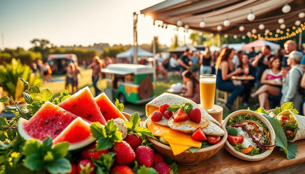 A vibrant, modern collage showcasing the diverse culinary delights of a summer music festival. In the foreground, a cornucopia of fresh, seasonal produce - juicy watermelon slices, crisp veggies, and vibrant berries. In the middle ground, artisanal sandwiches, smoothie bowls, and colorful veggie wraps, all nourishing festival-goers. The background features a lively scene of food trucks, outdoor dining areas, and smiling attendees savoring their meals against a backdrop of stages, tents, and lush greenery. Warm, natural lighting casts a celebratory glow, capturing the energy and vitality of a wellness-focused music festival.