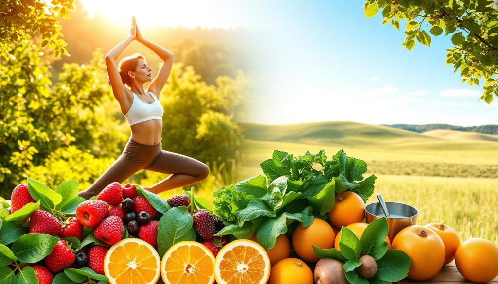 A vibrant photo depicting the essence of summer health optimization. In the foreground, a fit individual performs a series of dynamic yoga poses amidst a lush, verdant outdoor setting, their body bathed in warm, golden sunlight. In the middle ground, an array of fresh, colorful produce - berries, leafy greens, and citrus fruits - symbolize the abundance of nourishing, seasonal fare. The background features a serene, sun-dappled meadow, with rolling hills and a clear, azure sky overhead, conveying a sense of tranquility and rejuvenation. The overall composition strikes a balance between physical activity, nutritious sustenance, and the revitalizing power of the natural world during the summer months.