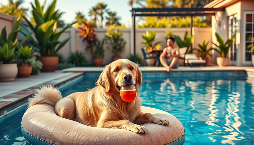 A vibrant, photo-realistic scene of a pet pool area on a sunny day. In the foreground, a playful golden retriever lounges on a plush pool float, sipping from a dog-friendly beverage. In the middle ground, a responsible pet owner sits poolside, attentively watching over the dog's aquatic activities. The background features a lush, well-manicured backyard with verdant plants, a tiled pool deck, and a stylish patio setup, illuminated by warm, natural lighting. The composition is balanced, with the dog, owner, and surrounding environment harmoniously integrated into a modern, collage-inspired visual. Subtle reflections on the pool's surface add depth and realism to the scene.