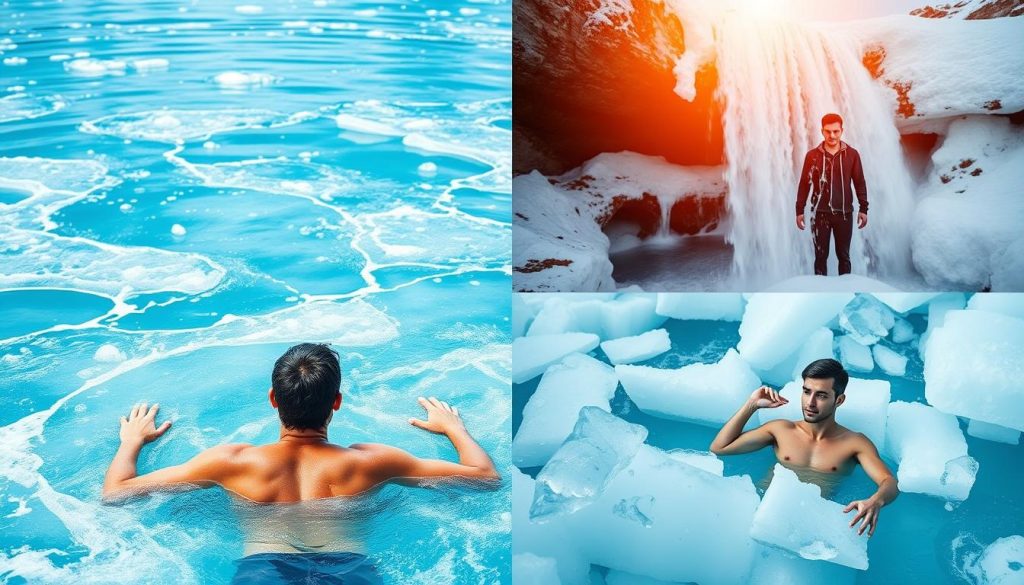 a photo realistic collage showcasing different methods of cold water therapy, including a person submerging themselves in an icy lake, someone standing under a cold waterfall, and someone taking an ice bath. The image should have a vibrant, energetic color palette and a sense of immersion, capturing the invigorating and restorative effects of cold water exposure. The scene should be captured from a variety of angles, with close-up and wide shots, to highlight the diverse techniques. The overall composition should be visually striking and cohesive, drawing the viewer into the experience of cold water therapy.