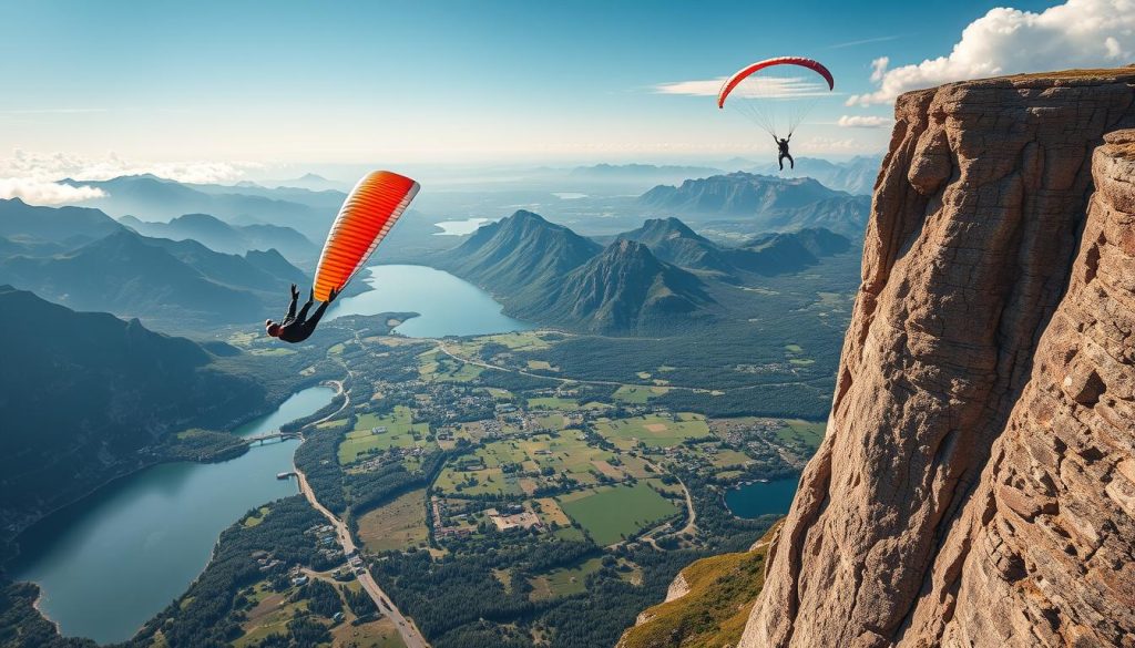 A breathtaking aerial vista, showcasing the thrill of adventure sports from above. A skydiver soars through the sky, trailing a colorful parachute against a backdrop of rugged mountains and serene lakes. In the distance, a paraglider gently glides across a lush, verdant valley, while a BASE jumper leaps from a towering cliff, their wingsuit cutting through the air. The scene is bathed in warm, golden light, creating a sense of exhilaration and freedom. The image is a modern, high-definition collage, blending these adrenaline-pumping moments into a captivating, ultra-realistic composition.