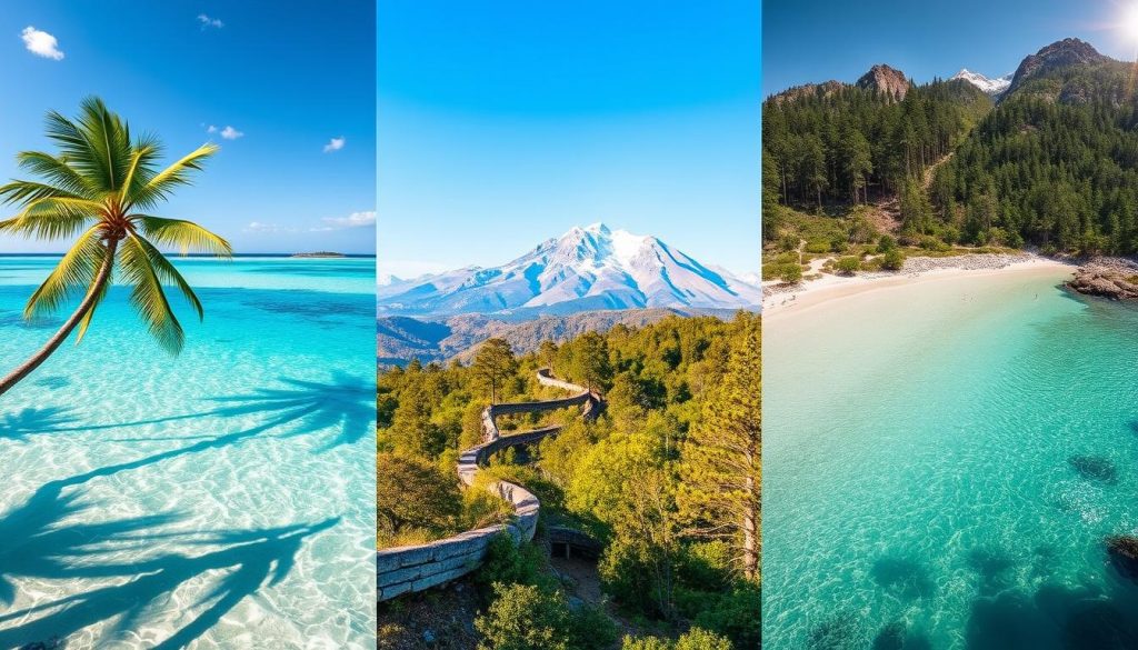 A breathtaking collage of sustainable travel destinations in the United States, showcasing the country's diverse and eco-friendly vacation options. In the foreground, a pristine beach with swaying palm trees and crystal-clear turquoise waters, representing a coastal getaway. In the middle ground, a lush, verdant forest with a winding hiking trail, symbolizing the outdoor adventures available. In the background, a majestic mountain range, its peaks capped with snow, evoking the grandeur of national parks. The lighting is soft and natural, creating a serene and inviting atmosphere. The overall composition is a visually striking collage, blending these elements seamlessly to inspire eco-conscious travelers to explore the sustainable wonders of the United States.