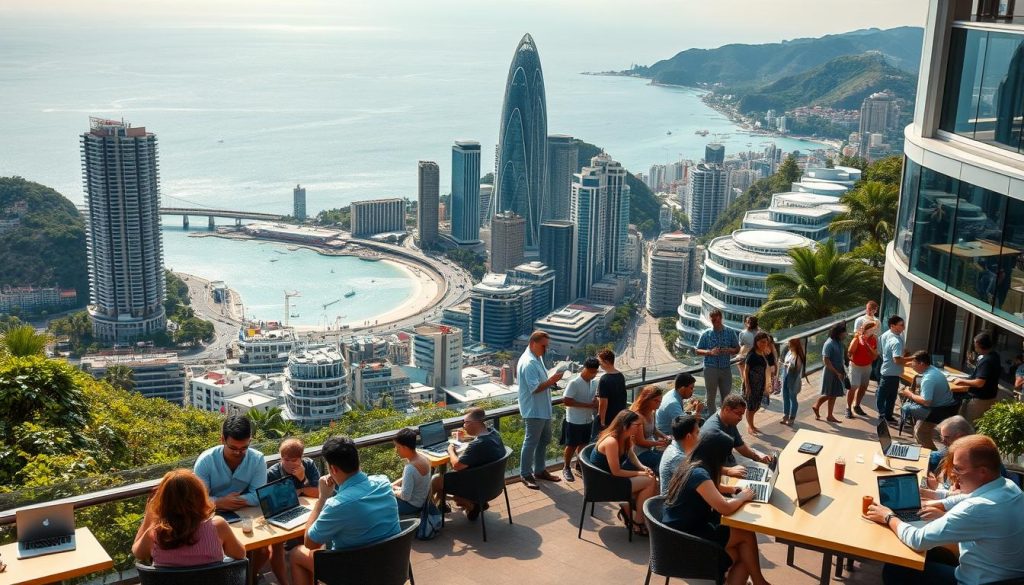 A bustling coastal city with towering skyscrapers and vibrant street life, surrounded by lush, verdant hills and a shimmering azure sea. In the foreground, young professionals gather in open-air cafes, laptops open, tapping away amidst the hum of conversation. The middle ground features a diverse array of modern, minimalist co-working spaces, their glass facades reflecting the changing light. In the background, a network of digital nomads navigates the winding streets, exploring local markets and cultural attractions. Soft, diffused natural light filters through, casting a warm, welcoming glow over the entire scene. The overall mood is one of productivity, innovation, and a global, interconnected lifestyle.
