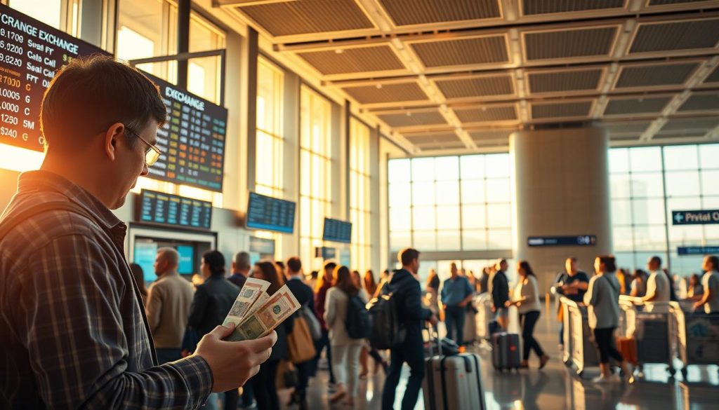 A bustling currency exchange booth in a modern airport terminal, illuminated by warm natural light filtering through large windows. The booth is adorned with digital displays showcasing exchange rates, and a queue of travelers patiently waiting to convert their local currency. In the foreground, a person examines their wallet, comparing bills, while the middle ground features an attendant diligently processing a transaction. The background showcases the dynamic atmosphere of the airport, with people navigating through the terminal and luggage carts in motion. The image has a crisp, photorealistic quality, accentuated by a collage-like composition that seamlessly blends the various elements.