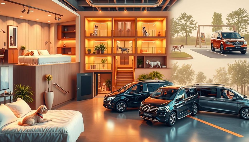 A bustling pet travel business, showcasing a collage of services and products. In the foreground, a well-appointed pet spa with plush beds and grooming stations. In the middle ground, a cozy pet hotel with a lush outdoor play area. In the background, a high-end pet transportation service, with luxury vehicles and uniformed drivers. Warm lighting and a modern, minimalist aesthetic create a sophisticated, inviting atmosphere. Subtle textures and seamless blending of the elements suggest a thriving, comprehensive pet travel industry catering to discerning pet owners.