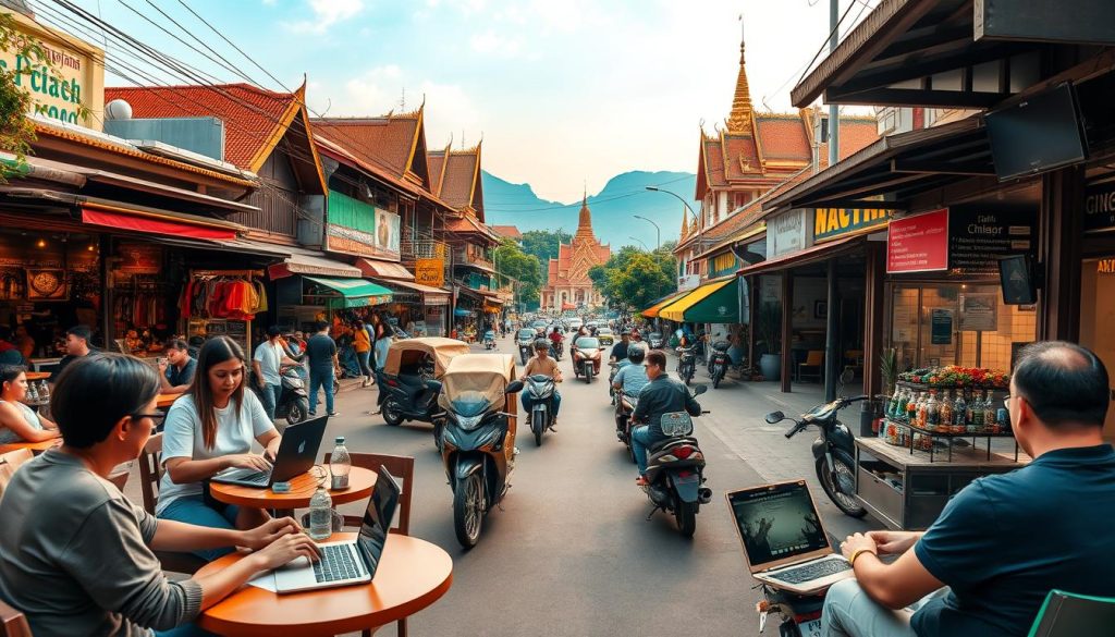 A bustling street in Chiang Mai, Thailand, with digital nomads working remotely from cafes and coworking spaces. The foreground features several people typing on laptops, sipping coffee, and engaged in lively discussions. In the middle ground, vibrant street vendors offer local cuisine and handicrafts, while tuk-tuks and scooters navigate the congested roads. The background showcases the city's iconic temples, lush green hills, and a hazy blue sky. The scene is bathed in warm, golden light, creating a cozy, productive atmosphere. The image is a modern collage, capturing the essence of Chiang Mai as a budget-friendly, thriving digital nomad hub.