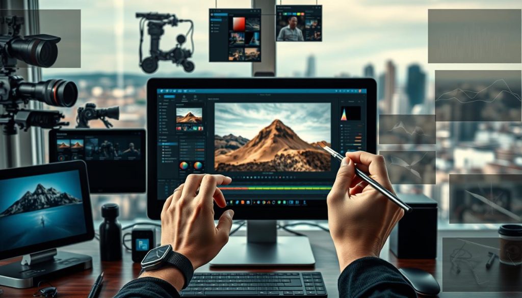 A carefully curated collage of photo editing techniques, showcasing a variety of tools and methods. In the foreground, a desktop workspace with a high-resolution image displayed on a sleek monitor, surrounded by an array of editing software interfaces and color-grading palettes. The middle ground features an editor manipulating sliders, fine-tuning the image's composition, lighting, and tones. In the background, a blurred cityscape or natural landscape serves as the canvas, hinting at the wider creative possibilities of post-processing. The overall atmosphere is one of artistic precision, digital craftsmanship, and the transformative power of image enhancement, rather than distortion.
