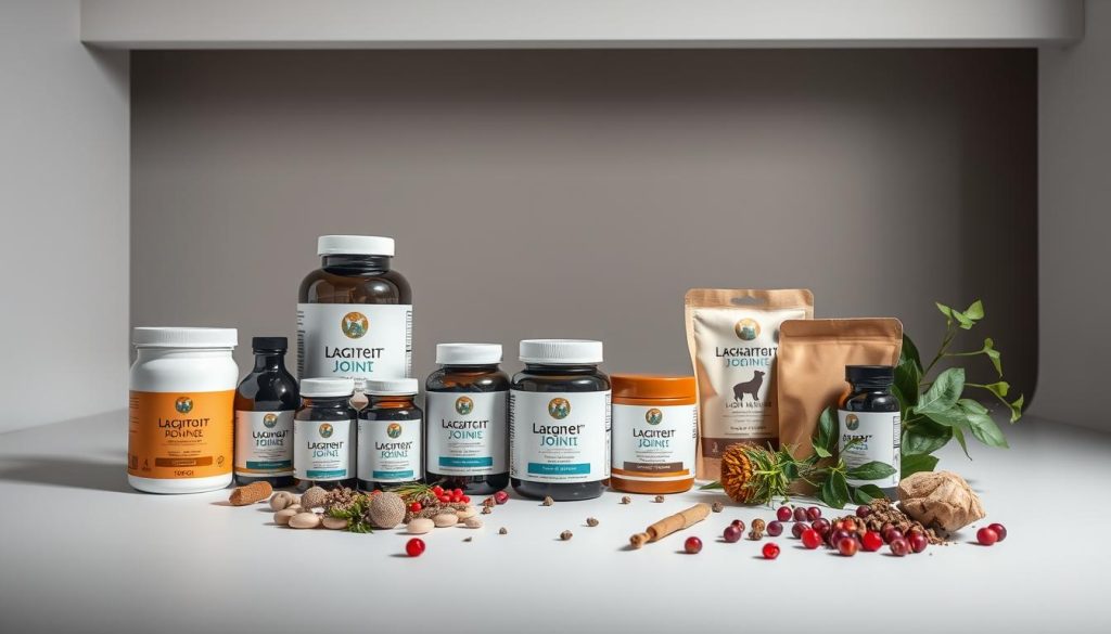 A clean, well-lit studio setting showcasing an arrangement of various joint supplement products for pets. The foreground features an array of bottles, jars, and packages in muted tones, each displaying clear labeling and branding. The middle ground includes a scattering of fresh herbs, berries, and other natural ingredients, hinting at the supplements' natural compositions. The background has a simple, minimalist backdrop, allowing the products to take center stage. The lighting is soft and directional, creating gentle shadows and highlights that accentuate the textures and materials. The overall mood is one of professionalism, quality, and transparency, conveying the importance of responsible pet supplementation.