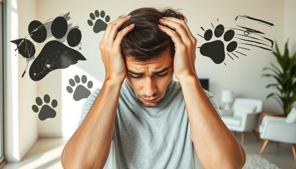 A collage of a person experiencing severe separation anxiety, surrounded by anxious expressions, paw prints, and a therapeutic office setting. The foreground depicts a distraught individual, their face etched with worry, hands grasping their head. In the middle ground, stylized paw prints and distressed textures convey the emotional turmoil. The background showcases a professional counseling environment, with minimalist furnishings and neutral tones, suggesting the need for specialized care. Warm, natural lighting casts a pensive mood, emphasizing the gravity of the situation. The overall impression is one of a complex, multi-layered experience requiring compassionate, expert intervention.