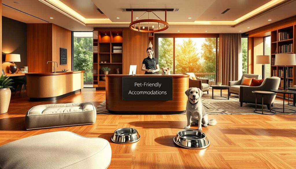 A contemporary, immersive collage depicting a range of pet-friendly hotel amenities. In the foreground, a plush dog bed and bowls of food and water set on a wood-paneled floor. In the middle ground, a concierge desk with a sign reading "Pet-Friendly Accommodations" and a smiling staff member greeting a guest with their canine companion. In the background, a cozy lounge area with overstuffed armchairs, bookshelves, and floor-to-ceiling windows overlooking a lush garden. Warm, natural lighting filters through the scene, creating a welcoming and relaxing atmosphere. Ultra-realistic, high-detail rendering captures every nuance of the luxury hotel setting designed with pets and their owners in mind.