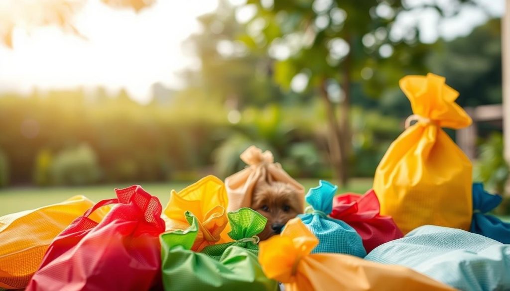 A crisp, high-resolution image of a collage featuring a visually striking array of compostable poop bags. In the foreground, a collection of vibrant, eco-friendly bags made from natural materials like bamboo, jute, or corn starch, capturing their sustainable and biodegradable properties. In the middle ground, a blurred backdrop showcases lush greenery and a serene outdoor setting, hinting at the bags' intended use in a natural environment. The lighting is soft and diffused, creating a warm, inviting atmosphere. The overall composition is clean, well-balanced, and visually compelling, seamlessly integrating the core subject matter with the broader theme of sustainable pet care.