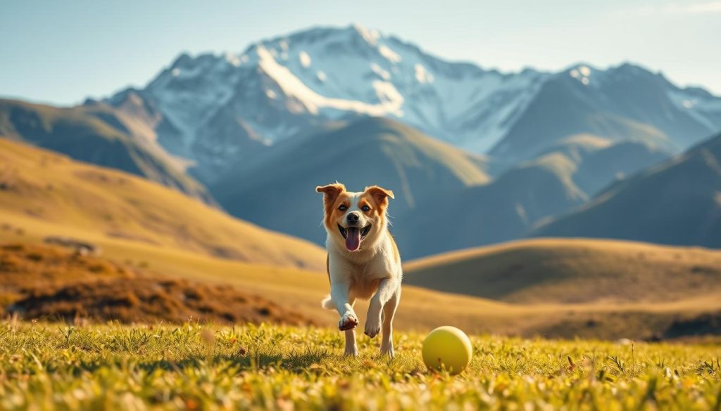 A dog joyfully running through a lush, sunlit meadow, chasing after a bright yellow ball, its tongue hanging out with unbridled excitement. In the background, a towering, snow-capped mountain range rises majestically, casting long shadows across the rolling hills. The scene is bathed in warm, golden light, creating a sense of tranquility and adventure. The composition is carefully balanced, with the dog as the central focus, surrounded by the natural beauty of the outdoor setting. The image conveys the pure, unbridled joy and freedom of a pet enjoying a memorable outdoor adventure.
