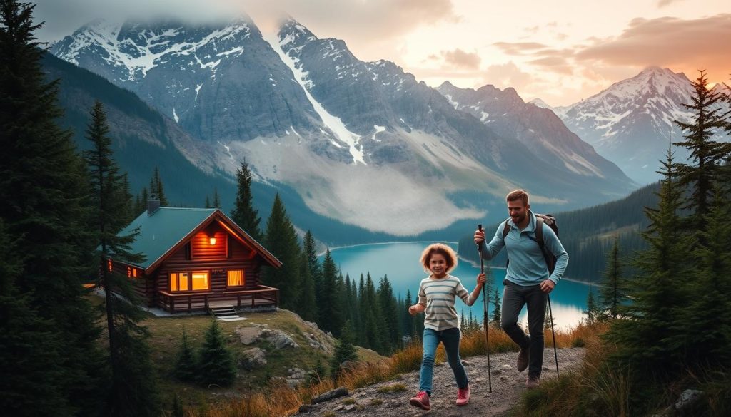 A family of four embarks on an adventure in a majestic mountain retreat, surrounded by towering peaks and lush, verdant forests. In the foreground, a father and mother guide their young son and daughter along a winding trail, their expressions filled with wonder and excitement. The middle ground showcases a cozy log cabin nestled among the trees, its warm lights glowing invitingly. In the background, snow-capped mountains rise majestically, their rugged grandeur reflected in a serene lake. The scene is bathed in a soft, golden light, creating a sense of tranquility and wonder. The overall composition resembles a modern collage, blending realistic elements with a touch of artistry.