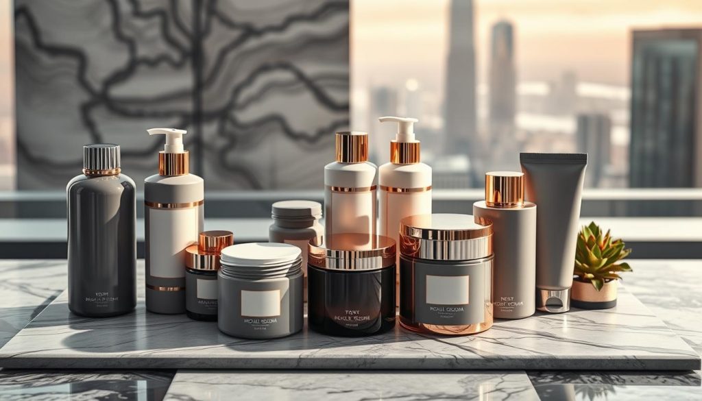 A high-end collection of premium grooming products for pampered pets sits atop a sleek, modern collage. In the foreground, luxurious bottles and jars in muted tones of gray, white, and rose gold are arranged artfully, casting soft, directional lighting. The middle ground features a textured background of layered patterns and textures, hinting at the quality and attention to detail of the products. In the background, a subtle, out-of-focus cityscape hints at an urban, upscale setting. The overall mood is one of refined elegance and sophistication, perfectly capturing the essence of affordable luxury pet care.