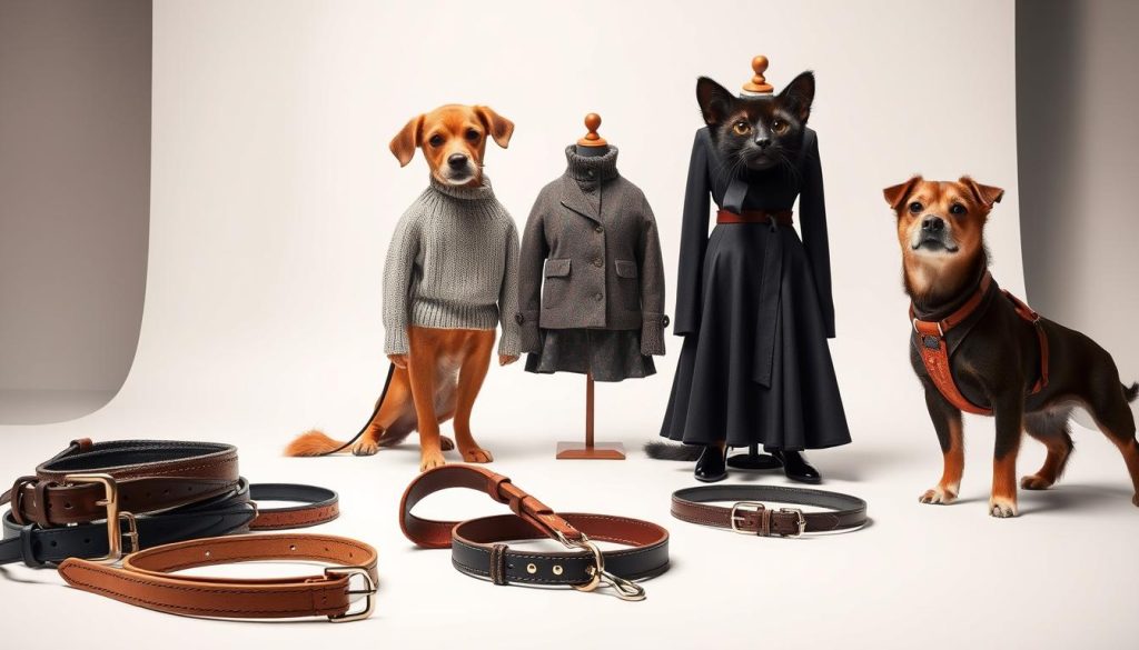 A high-fashion photoshoot featuring an assortment of premium pet accessories and apparel. In the foreground, an array of designer collars, leashes, and harnesses crafted from premium materials like leather, suede, and exotic skins. In the middle ground, a set of cozy cashmere sweaters, tailored jackets, and stylish dresses for discerning canine and feline companions. The background showcases a minimalist, modern studio setting with clean lines and muted tones, creating a sophisticated, luxurious ambiance. Crisp, even lighting from multiple angles accentuates the premium textures and meticulous attention to detail in each accessory. The overall composition has a high-end editorial feel, showcasing these designer pet products in an aspirational, yet accessible manner.