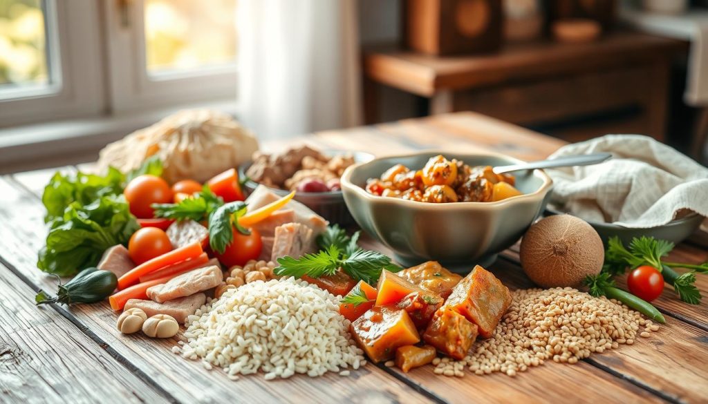 A high-quality homemade pet meal, meticulously arranged on a rustic wooden table. In the foreground, an assortment of fresh, natural ingredients - lean proteins, vibrant vegetables, and hearty grains - carefully portioned and presented. The middle ground features an elegant ceramic bowl filled with a nourishing, slow-cooked stew, its rich aromas inviting. In the background, a soft, natural lighting illuminates the scene, casting a warm, homey glow. The overall composition evokes a sense of wholesome, handcrafted care, reflecting the benefits of a balanced, homemade diet for our beloved animal companions.