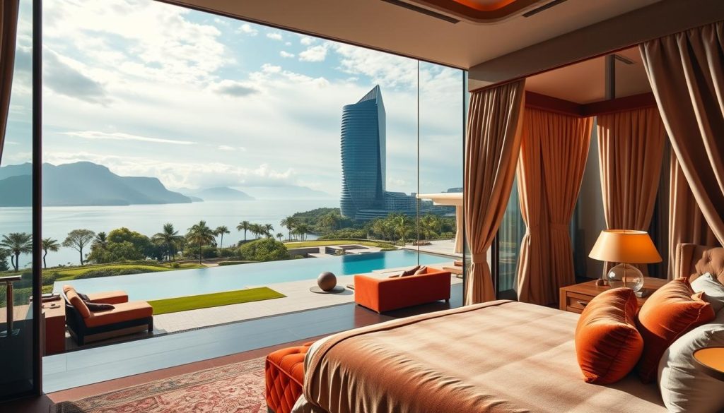 A lavish, ultra-realistic collage depicting an exclusive luxury accommodation. In the foreground, a meticulously designed suite with plush velvet furnishings, a grand canopy bed, and floor-to-ceiling windows framing a breathtaking vista. In the middle ground, a private infinity pool surrounded by a lush, manicured garden, with glimpses of a tranquil lake in the distance. The background features a towering, contemporary architectural masterpiece, its clean lines and seamless glass facade reflecting the sky and mountains beyond. Soft, warm lighting casts a cozy glow, while the overall composition conveys a sense of refined opulence and exclusivity.