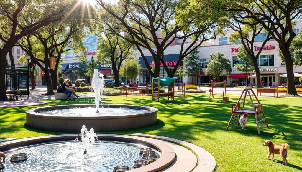 A lush city park filled with pet-friendly amenities - a sparkling water fountain surrounded by bowls for thirsty pups, a climbing structure for feline adventurers, and a grassy play area dotted with agility equipment. In the background, a bustling downtown cityscape with pet-friendly shops, cafes, and hotels. Bright sunlight filters through the trees, creating a warm, inviting atmosphere. The scene is captured in a dynamic, modern collage style, showcasing the vibrant, pet-centric culture of this destination.