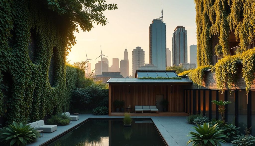 A lush urban oasis with towering, verdant walls of ivy and cascading greenery, framing a tranquil courtyard with a reflection pool and seating areas. In the middle ground, a modern wooden pavilion with clean lines, solar panels on the roof, and floor-to-ceiling windows that blend indoor and outdoor spaces. In the background, a skyline of eco-friendly skyscrapers with vertical gardens and wind turbines, bathed in warm, golden hour lighting. The scene conveys a sense of calm, sustainability, and harmonious integration of nature and architecture.