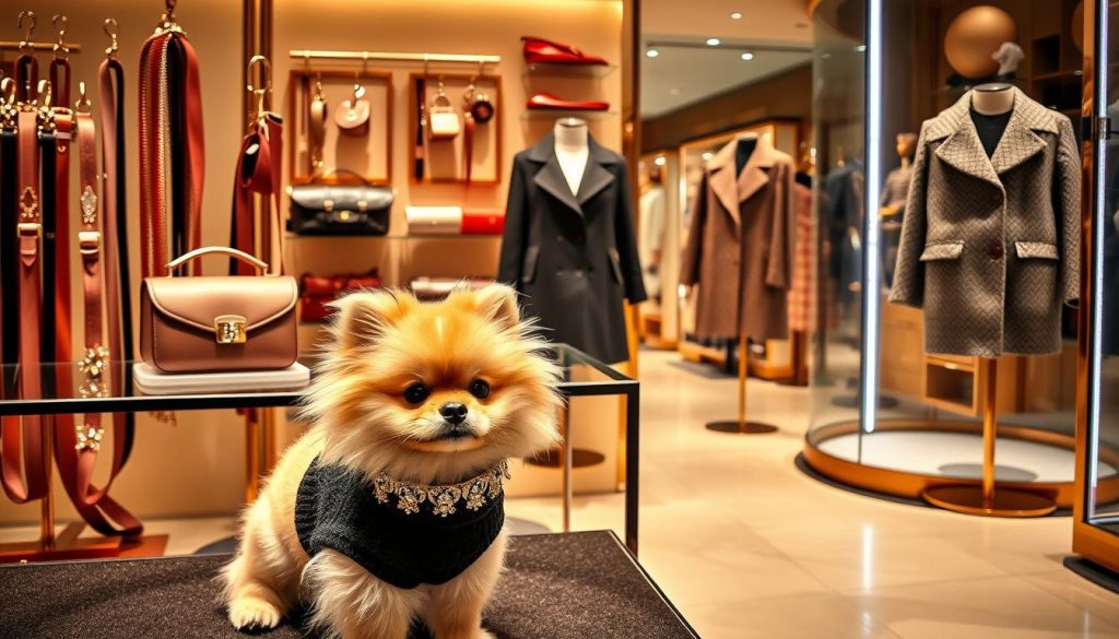 A luxurious pet fashion display showcased in a high-end boutique. In the foreground, a playful Pomeranian puppy models a bejeweled collar and designer sweater. The middle ground features a display of elegant leashes, designer carriers, and stylish accessories adorned with precious stones. In the background, a sleek glass counter showcases an array of chic pet apparel, including a regal satin dog coat and a bespoke tweed dog jacket. Warm, soft lighting illuminates the scene, capturing the essence of modern pet humanization and the luxury pet fashion revolution. The overall atmosphere exudes sophistication, exclusivity, and the indulgent pampering of beloved companion animals.