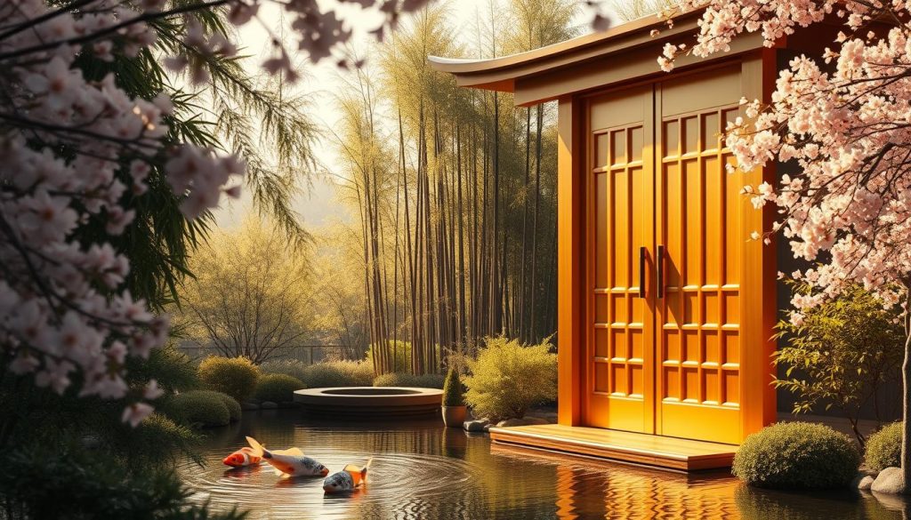 A majestic golden door, its surface gleaming in the warm afternoon light, stands as the centerpiece of a serene Japanese-inspired landscape. Delicate cherry blossoms drift lazily on the gentle breeze, framing the entryway. In the middle ground, a tranquil koi pond reflects the surrounding foliage, its waters rippling softly. Towering bamboo stalks sway in the distance, creating a sense of privacy and exclusivity. The overall scene exudes a calming, restorative atmosphere, inviting the viewer to step through the golden threshold and discover the sanctuary within.