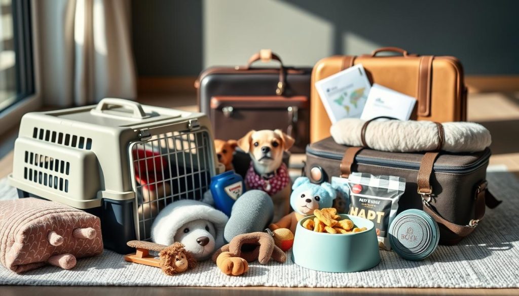 A meticulously curated collection of pet travel essentials, arranged with a modern, editorial flair. In the foreground, an array of practical items - a sturdy travel crate, a spill-proof water bowl, plush bedding, and a personalized collar tag. The middle ground showcases a tasteful selection of toys and treats, hinting at the creature comforts that will make your pet's journey a delightful one. In the background, a softly blurred suitcase and travel documents suggest the adventure that awaits, while natural lighting casts a warm, inviting glow over the entire scene. This ultra-realistic collage captures the perfect balance of functionality and style, ensuring your pet is well-prepared to embark on the ultimate pet-friendly vacation.