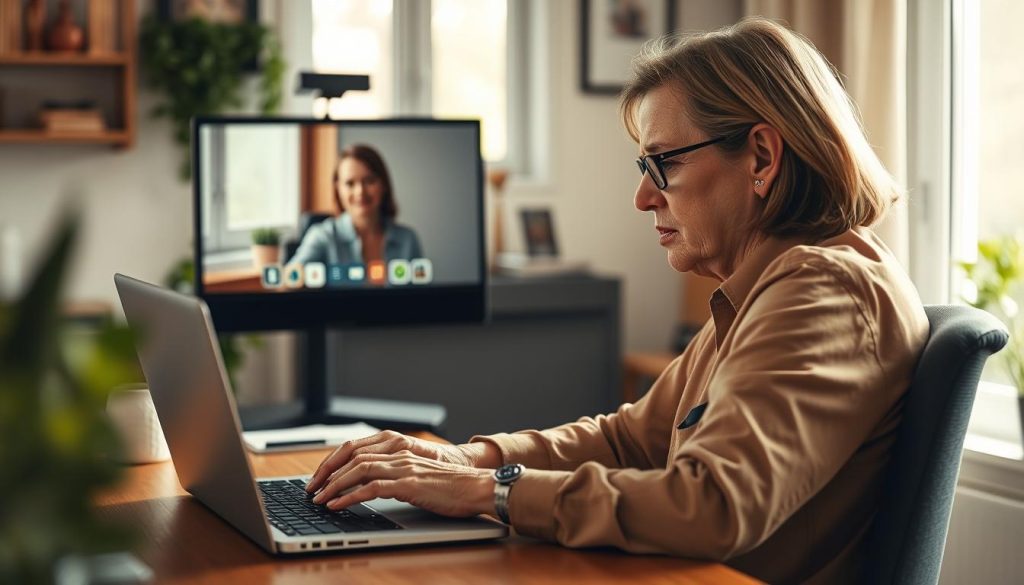 A middle-aged parent sits at a desk, intently focused on a laptop screen displaying a video call with a teacher. The parent's expression is one of concern, as they discuss school policies and permissions for their child's pet to join virtual classes. The room is bathed in warm, natural lighting, with hints of greenery and personal mementos visible in the background, creating a sense of a cozy, home office setting. The collage-like composition blends the digital and physical elements seamlessly, reflecting the modern, technology-driven nature of this interaction.