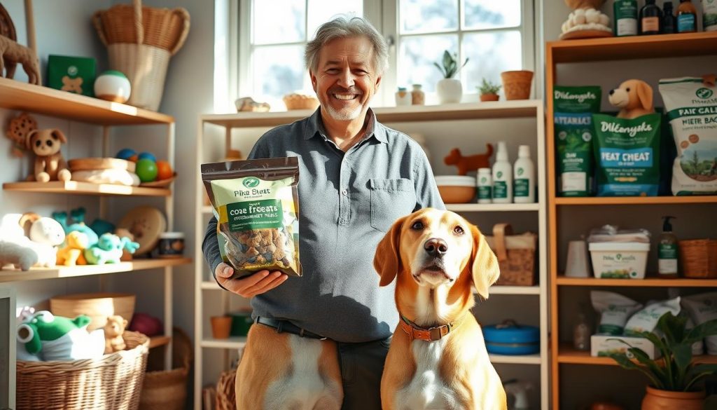 A middle-aged pet owner, smiling warmly, stands in a sunlit room surrounded by their eco-friendly pet products. The owner holds a bag of organic pet treats, while a well-groomed dog sits obediently at their feet, wearing a stylish collar made from recycled materials. In the background, shelves display sustainable toys, biodegradable waste bags, and natural grooming supplies. The overall scene exudes a sense of environmental consciousness and the bond between the owner and their beloved companion.