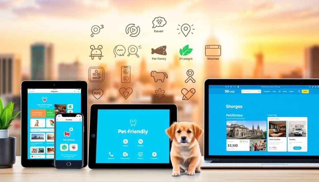A modern, collage-style image depicting a variety of pet-friendly booking platforms showcased on various digital devices. The foreground features a smartphone, tablet, and laptop displaying vibrant, user-friendly interfaces of popular pet-friendly accommodation booking apps and websites. The middle ground includes icons, logos, and imagery representing a range of pet-friendly amenities and services. The background features a softly blurred, warm-toned cityscape or natural landscape, creating a welcoming and travel-oriented atmosphere. The overall composition should convey a sense of ease, accessibility, and catering to the needs of both travelers and their furry companions.