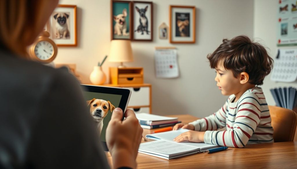 A modern, collage-style photo-realistic scene depicting a family scheduling pet video check-ins during school hours. In the foreground, a parent holds a tablet, open to a video call with their child's dog, its playful expression filling the screen. In the middle ground, the child sits at a desk, books and school supplies scattered around, occasionally glancing at the tablet. The background features a stylized office or home setting, with framed pet photos, a calendar, and other organizational elements hinting at the coordinated effort to stay connected. Warm lighting, soft shadows, and a harmonious color palette convey a sense of comfort and familiarity in this scene of parents and children adapting to modern pet-friendly routines.