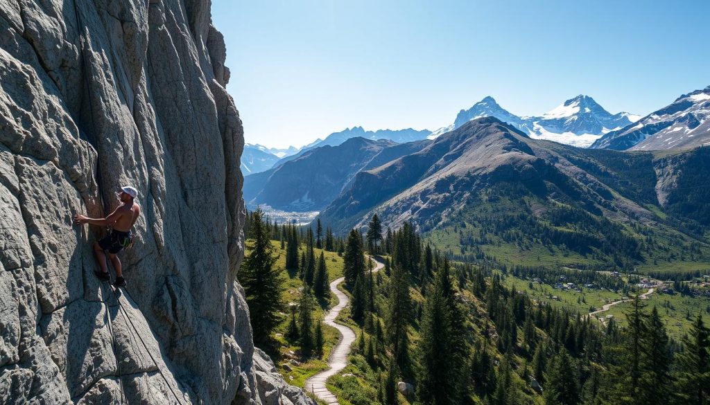A rugged rock face dominates the frame, its craggy surface etched with the paths of seasoned climbers. In the foreground, a lone climber clings to the wall, their muscles straining as they ascend the challenging route. Bright sunlight casts dramatic shadows, highlighting the intricate textures of the rock. The middle ground features a lush, verdant landscape, with towering pine trees and a winding trail leading to the base of the climb. In the distance, majestic snow-capped peaks pierce the azure sky, creating a breathtaking backdrop for this adrenaline-fueled pursuit. The overall scene conveys a sense of adventure, determination, and the thrill of conquering a vertical challenge.