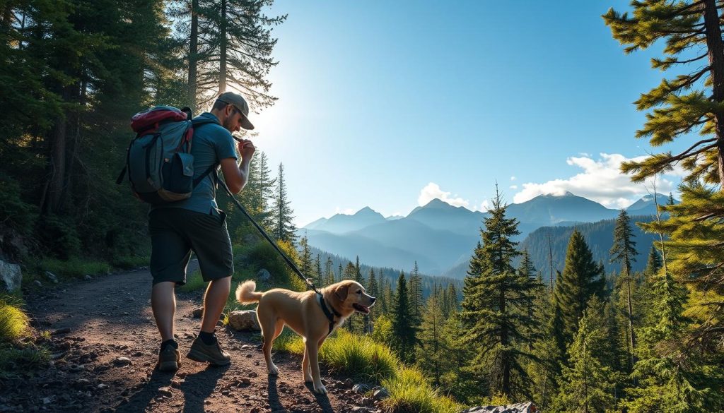A rugged trail winds through a lush forest, with a hiker and their loyal canine companion navigating the path. Sunlight filters through the verdant canopy, casting a warm glow on the scene. In the foreground, the hiker carefully checks their backpack, ensuring they have the necessary supplies for a safe and enjoyable outdoor adventure. The dog, leashed and attentive, stands by their side, ready to explore the wilderness. In the background, majestic mountains rise, their peaks kissed by wispy clouds. The composition is a modern collage, blending the natural elements with a sense of adventurous exploration, capturing the essence of hiking safety with pets.