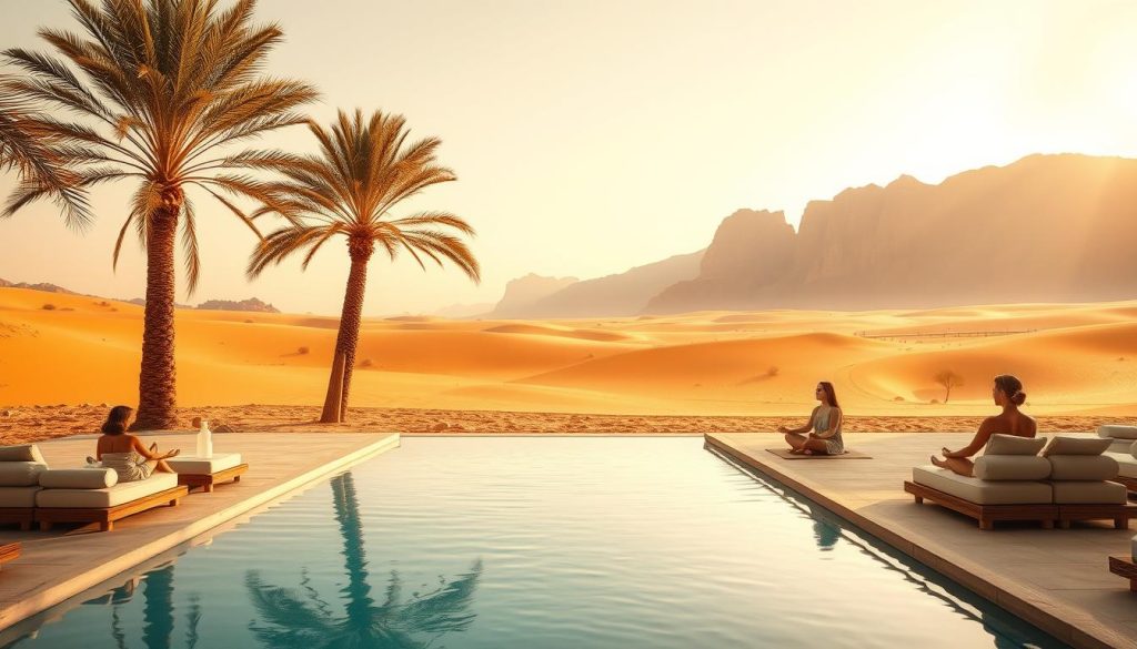 A serene desert oasis, with a tranquil pool reflecting the vast, cloudless sky. Warm sunlight filters through palms, casting soft shadows on the ochre sands. In the distance, rugged mountains rise, their peaks bathed in a golden glow. Wellness-seekers recline on plush, minimal furnishings, immersed in meditation or simply gazing out at the arid, yet captivating landscape. The scene exudes a sense of stillness and rejuvenation, a refuge from the stresses of the modern world. Cinematic in its composition, this ultra-realistic collage invites the viewer to escape into a realm of desert tranquility.