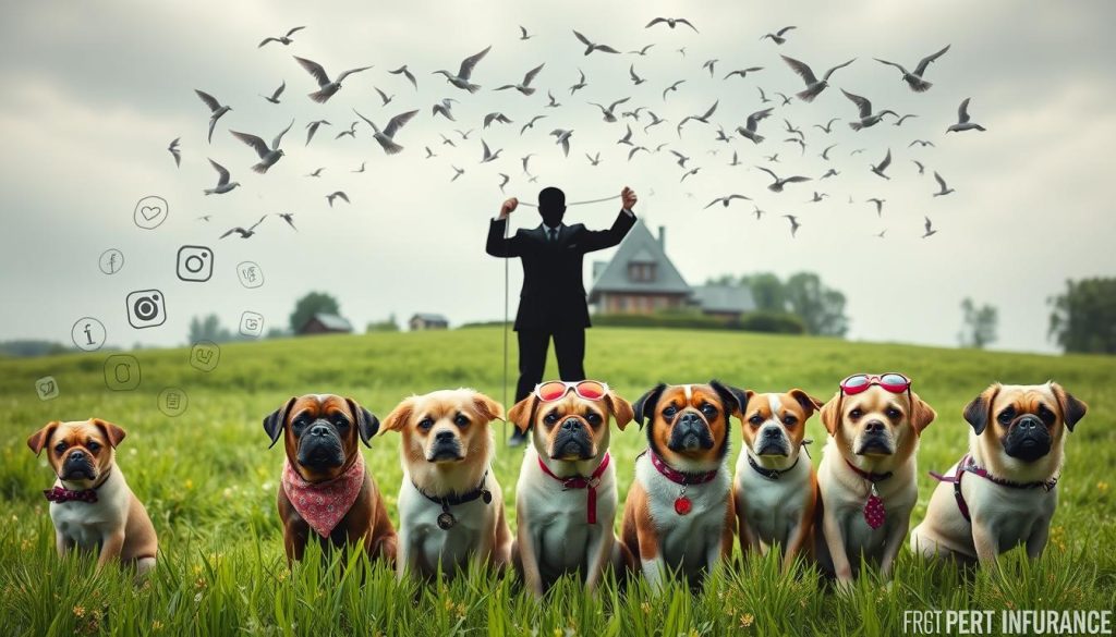 A serene green meadow, with a cozy cottage nestled in the background, serves as the setting for this thought-provoking collage. In the foreground, a group of pampered pups, clad in designer accessories, pose for the camera, their faces conveying a sense of weariness and discomfort. Surrounding them, a tangle of social media icons and logos, suggesting the constant pressure to perform and maintain an image. In the middle ground, a shadowy figure, representing the unseen influencer, pulls the strings, orchestrating the pets' every move. Overhead, a flock of birds, symbolizing the fleeting nature of fame and the importance of genuine well-being. The lighting is soft and moody, creating an atmosphere of contemplation and unease. This image invites the viewer to consider the ethical implications of the pet influencer industry and the potential toll it takes on the animals involved.