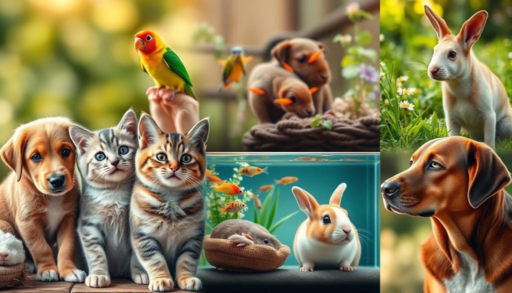 A striking collage showcasing an array of diverse pet companions in natural, harmonious settings. In the foreground, a playful puppy, an affectionate cat, and a curious bird perch together. In the middle ground, a serene aquarium teeming with colorful fish, and a gentle hamster nestled in its cozy habitat. The background features a lush, verdant garden with a curious rabbit hopping among the flowers, and a loyal, attentive dog gazing at its owner. Warm, diffused lighting casts a soothing, therapeutic atmosphere, capturing the deep bonds and therapeutic benefits of owning a variety of beloved pets.