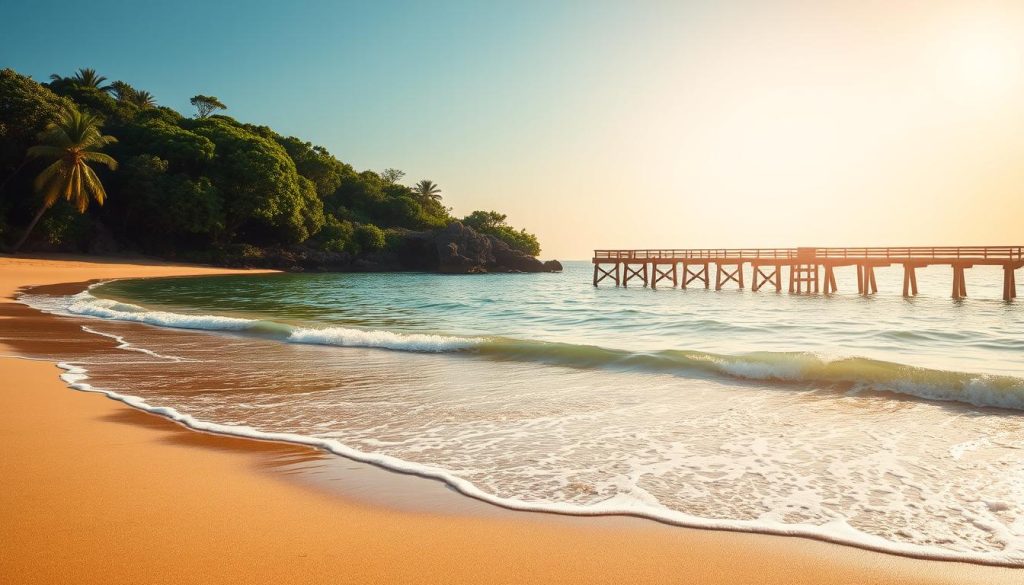 A sun-drenched coastal scene, with a serene sandy beach in the foreground, gently lapping waves caressing the shoreline. In the middle ground, a picturesque wooden pier extends into the crystalline waters, inviting exploration. Lush, verdant foliage lines the background, creating a sense of seclusion and tranquility. The lighting is soft and diffused, casting a warm, golden glow over the entire composition. The image has a modern, collage-like aesthetic, seamlessly blending natural elements with a touch of minimalist design. The overall mood is one of relaxation, restoration, and a deep connection to the rhythms of the natural world.