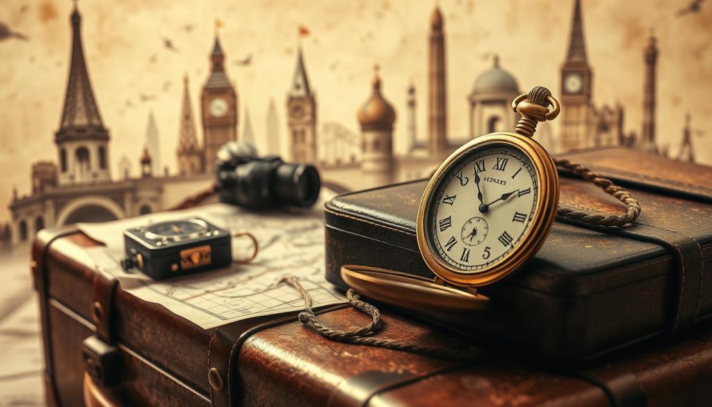 A timeless sepia-toned photograph capturing the essence of historical travel. In the foreground, a weathered leather suitcase sits atop a wooden trunk, evoking a sense of bygone eras. Beyond, a vintage camera and compass rest on a tattered map, hinting at the adventurous spirit of the traveler. The middle ground showcases an ornate, gilded pocket watch, its intricate hands frozen in time. In the background, a collage of iconic landmarks emerges, each a testament to the allure of exploring the past. Soft, natural lighting casts a warm, nostalgic glow, inviting the viewer to step into this captivating world of historical travel memories.