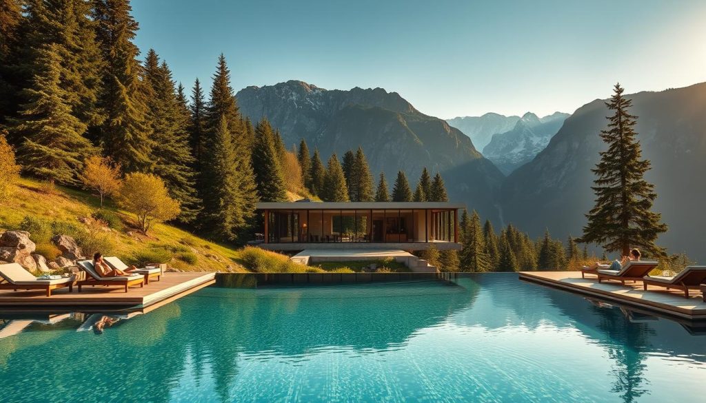 A tranquil wellness retreat nestled in a lush, mountainous landscape. In the foreground, a serene infinity pool reflects the surrounding natural beauty. Guests recline on plush loungers, basking in the warm, golden light. In the middle ground, a modern, minimalist spa building blends seamlessly with the environment, its glass walls offering panoramic views. Towering evergreens and rugged peaks form the atmospheric backdrop, creating a sense of peaceful seclusion. The overall mood is one of luxurious relaxation, with a focus on holistic well-being and transformative experiences.